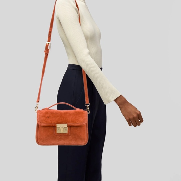 Tory Burch Orange Suede Gold Hardware Top Handle Crossbody Bag Purse - Picture 2 of 16